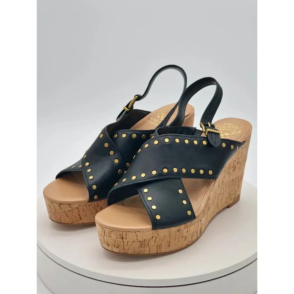 Vince Camuto Ellana Black Leather Studded Cork Wedge Sandals Women’s Size 9M New
